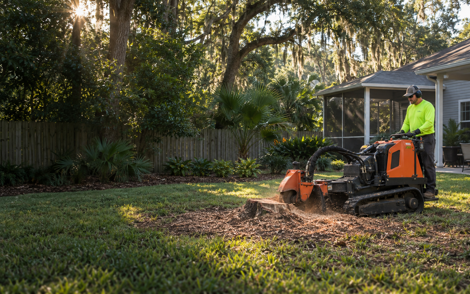 Stump grinder working in a Northeast Florida backyard